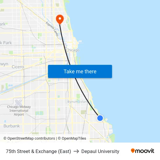 75th Street & Exchange (East) to Depaul University map