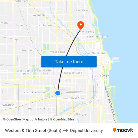 Western & 16th Street (South) to Depaul University map
