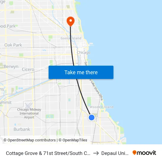Cottage Grove & 71st Street/South Chicago (North) to Depaul University map
