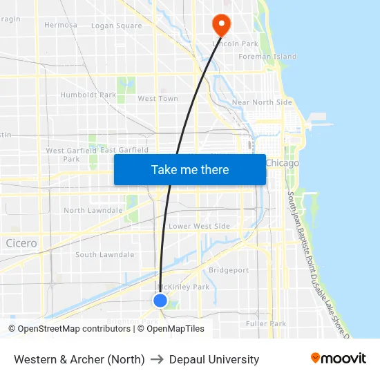 Western & Archer (North) to Depaul University map