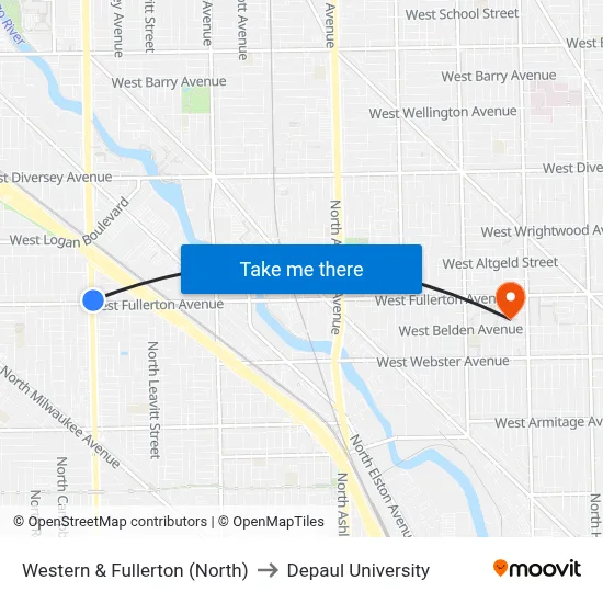 Western & Fullerton (North) to Depaul University map
