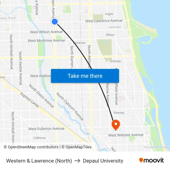 Western & Lawrence (North) to Depaul University map