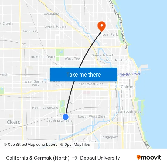 California & Cermak (North) to Depaul University map