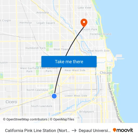 California Pink Line Station (North) to Depaul University map