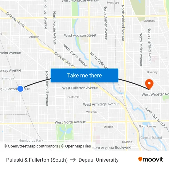 Pulaski & Fullerton (South) to Depaul University map