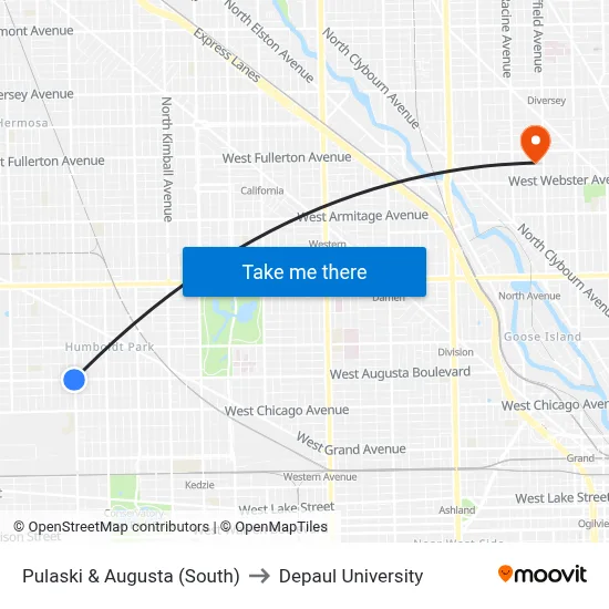 Pulaski & Augusta (South) to Depaul University map