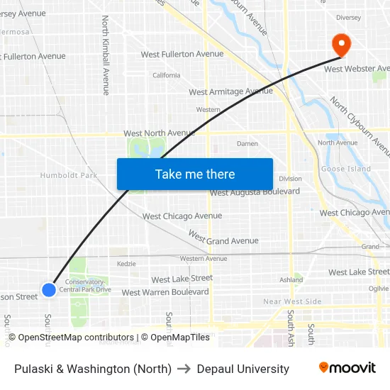 Pulaski & Washington (North) to Depaul University map