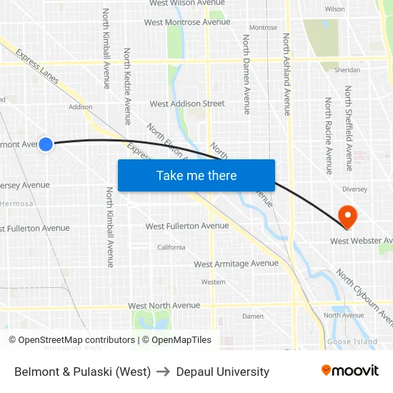 Belmont & Pulaski (West) to Depaul University map