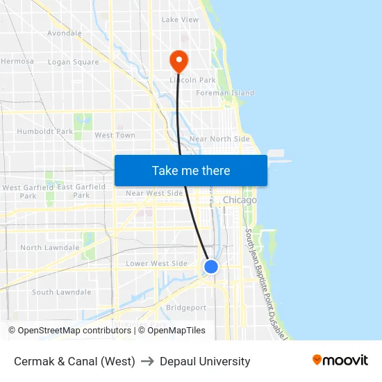 Cermak & Canal (West) to Depaul University map