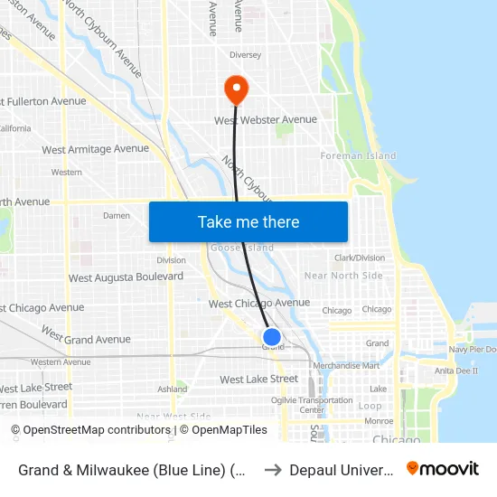 Grand & Milwaukee (Blue Line) (West) to Depaul University map