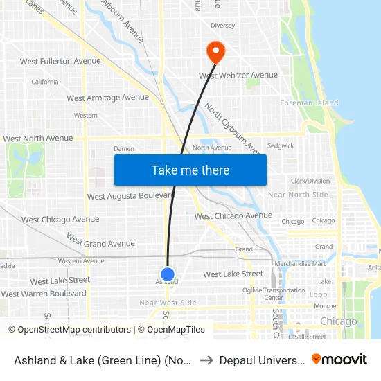 Ashland & Lake (Green Line) (North) to Depaul University map