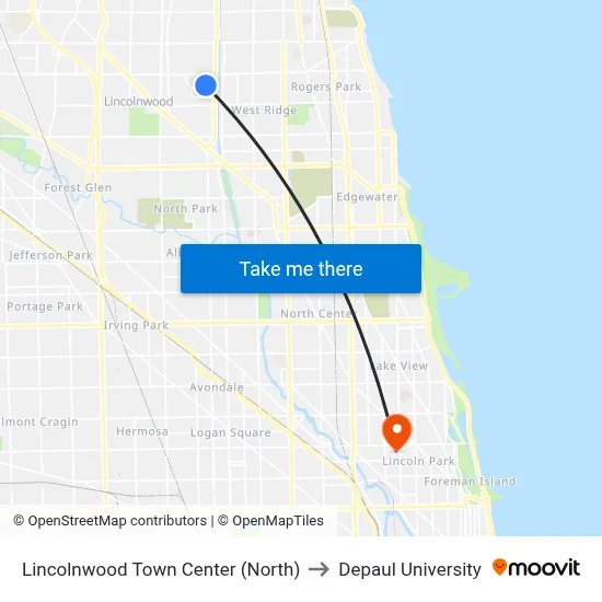 Lincolnwood Town Center (North) to Depaul University map