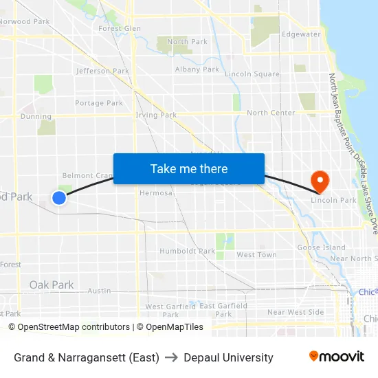 Grand & Narragansett (East) to Depaul University map