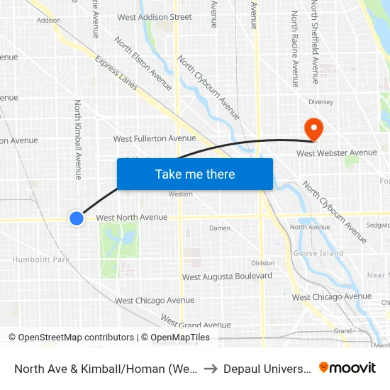 North Ave & Kimball/Homan (West) to Depaul University map
