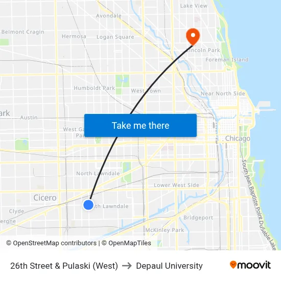 26th Street & Pulaski (West) to Depaul University map