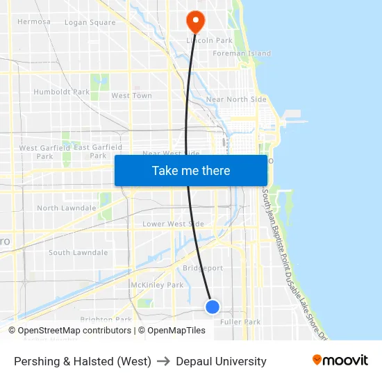 Pershing & Halsted (West) to Depaul University map