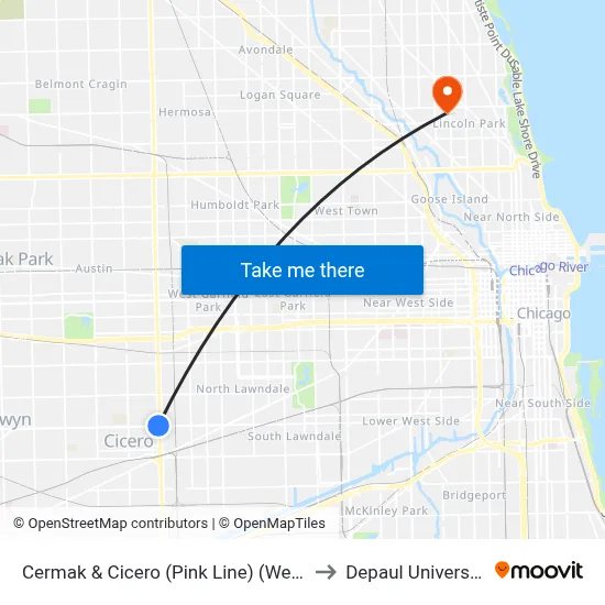 Cermak & Cicero (Pink Line) (West) to Depaul University map