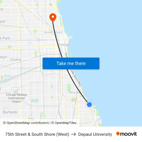 75th Street & South Shore (West) to Depaul University map