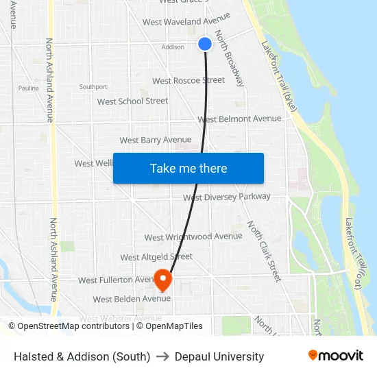 Halsted & Addison (South) to Depaul University map