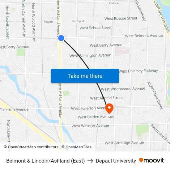 Belmont & Lincoln/Ashland (East) to Depaul University map