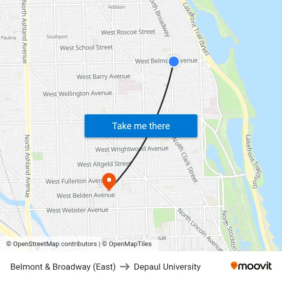 Belmont & Broadway (East) to Depaul University map