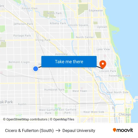 Cicero & Fullerton (South) to Depaul University map