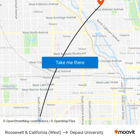 Roosevelt & California (West) to Depaul University map