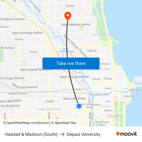 Halsted & Madison (South) to Depaul University map