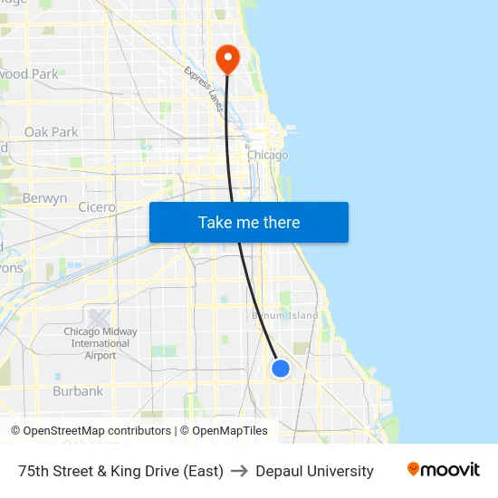 75th Street & King Drive (East) to Depaul University map