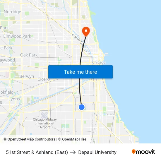 51st Street & Ashland (East) to Depaul University map