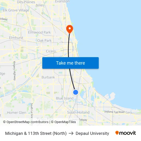 Michigan & 113th Street (North) to Depaul University map