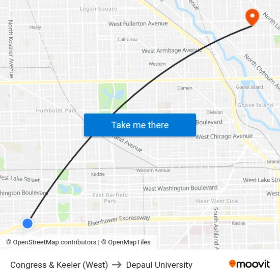 Congress & Keeler (West) to Depaul University map