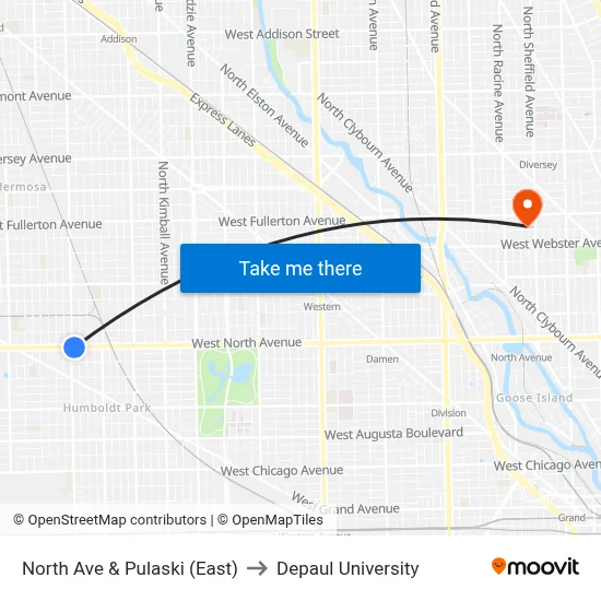 North Ave & Pulaski (East) to Depaul University map