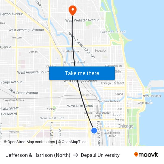 Jefferson & Harrison (North) to Depaul University map