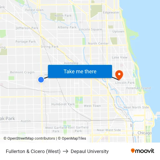 Fullerton & Cicero (West) to Depaul University map