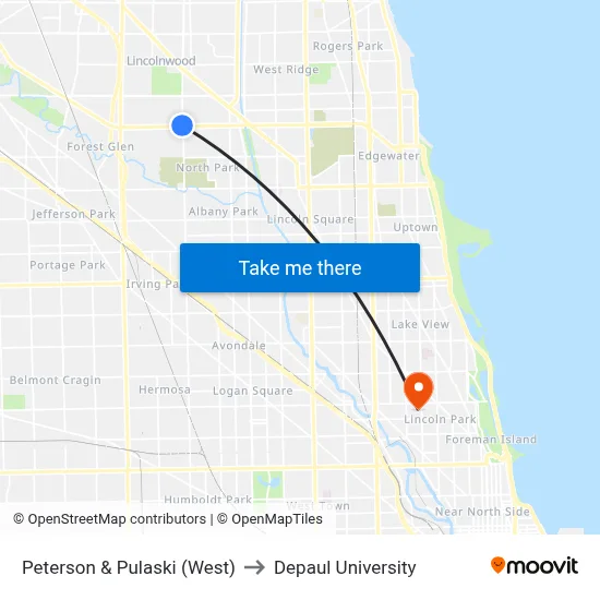 Peterson & Pulaski (West) to Depaul University map