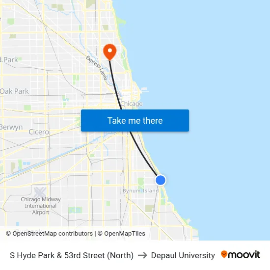 S Hyde Park & 53rd Street (North) to Depaul University map