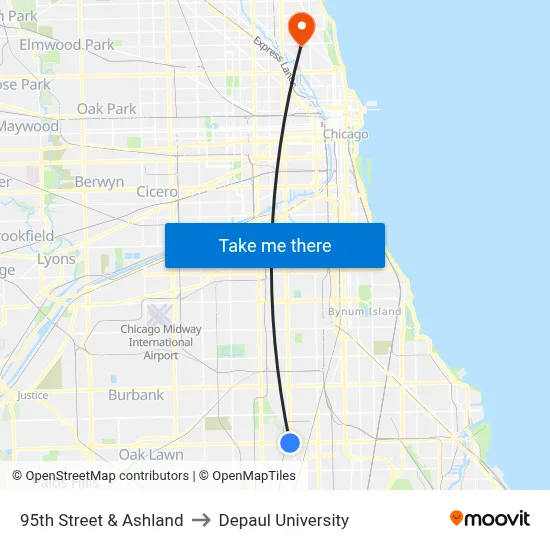 95th Street & Ashland to Depaul University map