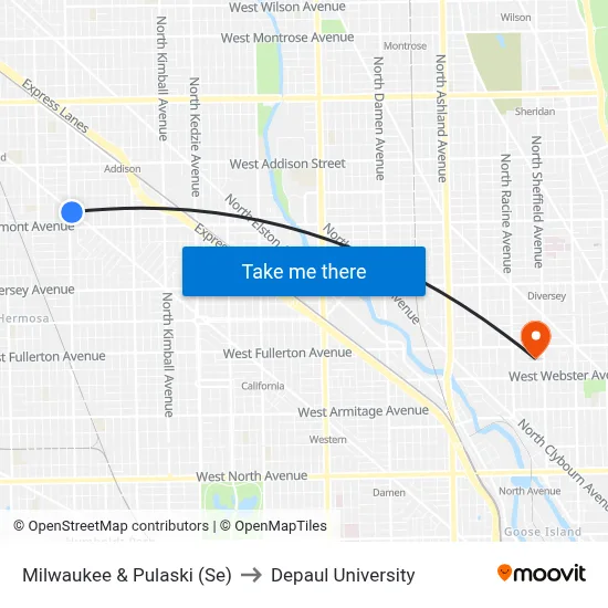 Milwaukee & Pulaski (Se) to Depaul University map
