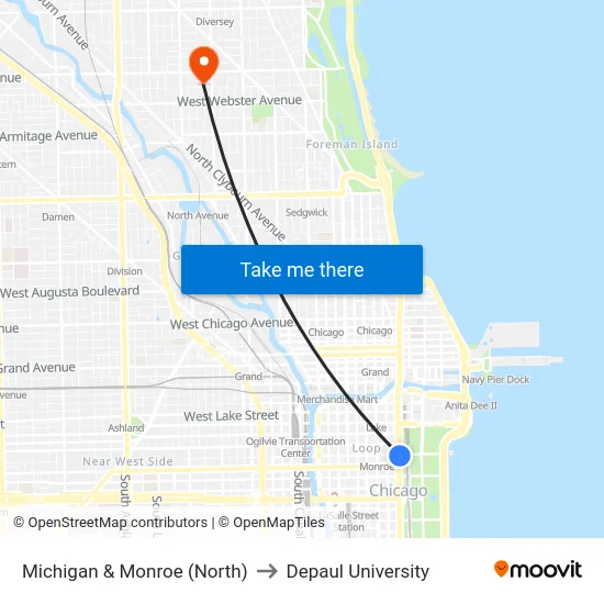 Michigan & Monroe (North) to Depaul University map