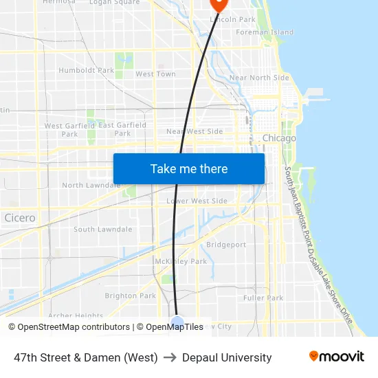 47th Street & Damen (West) to Depaul University map