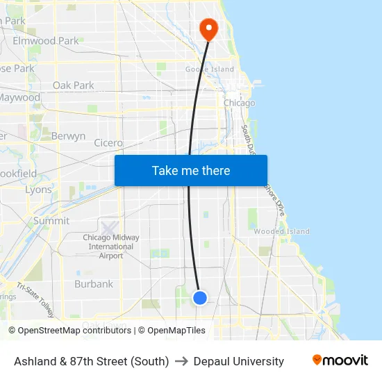 Ashland & 87th Street (South) to Depaul University map
