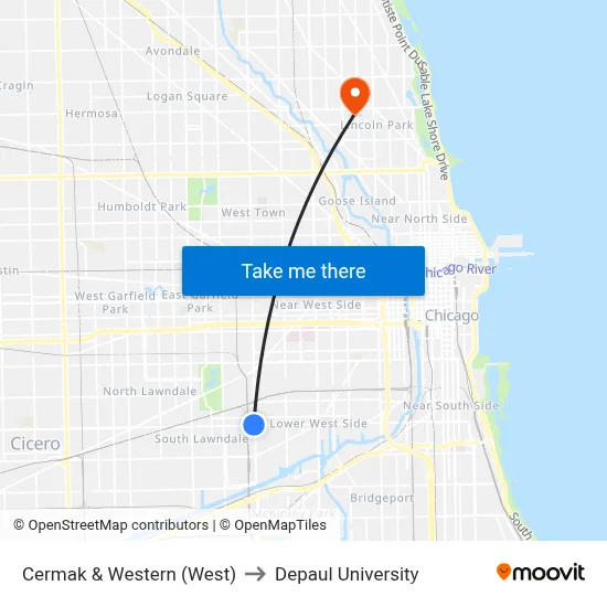 Cermak & Western (West) to Depaul University map