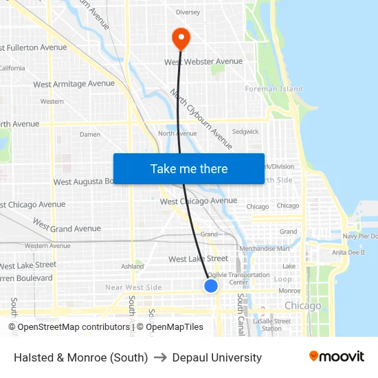 Halsted & Monroe (South) to Depaul University map
