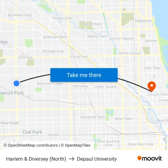Harlem & Diversey (North) to Depaul University map