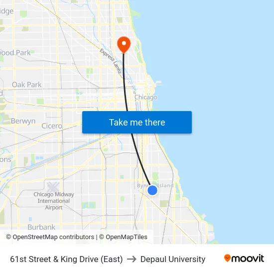 61st Street & King Drive (East) to Depaul University map