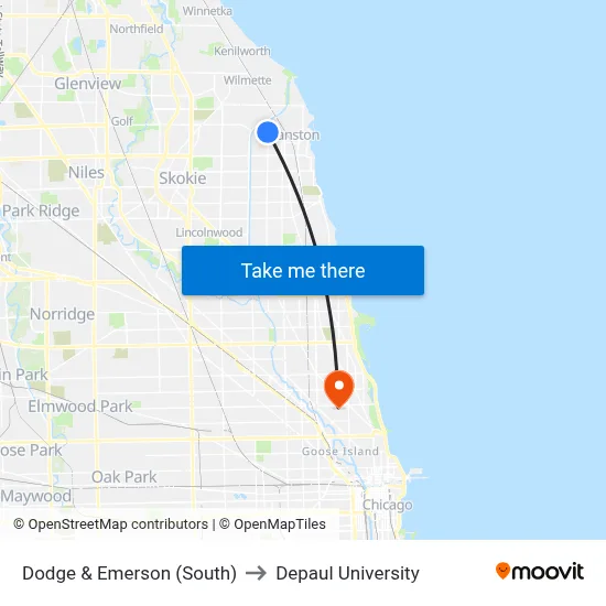 Dodge & Emerson (South) to Depaul University map