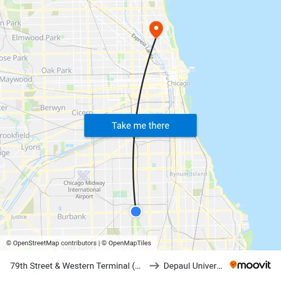 79th Street & Western Terminal (East) to Depaul University map