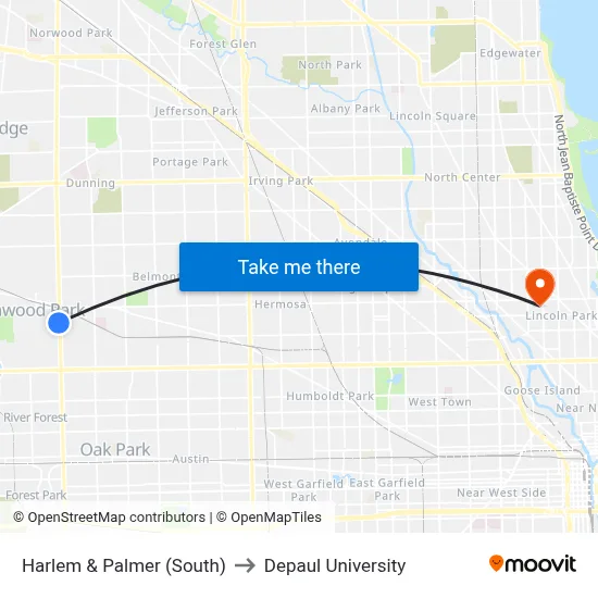 Harlem & Palmer (South) to Depaul University map