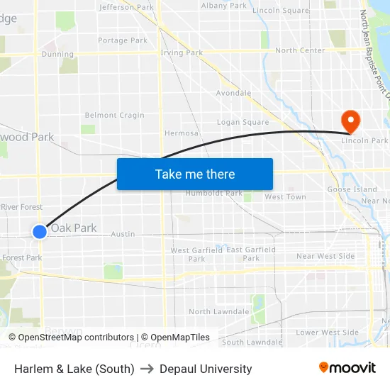 Harlem & Lake (South) to Depaul University map